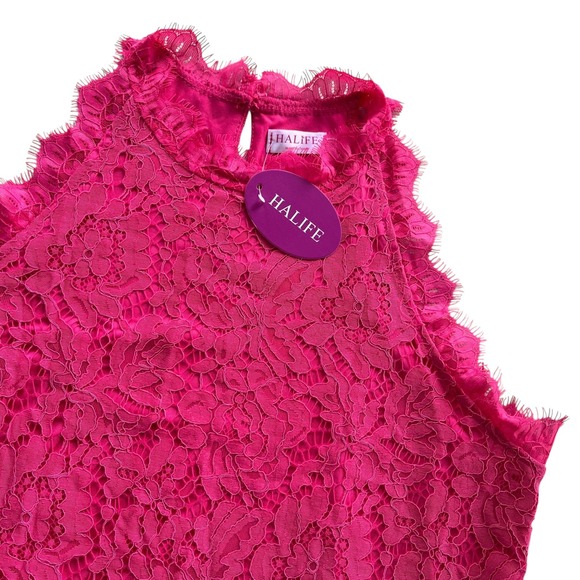 Halife Women's M Fuchsia Lace Halter Sleeveless Ruffle Trim Tank, Party Cocktail - Picture 1 of 14